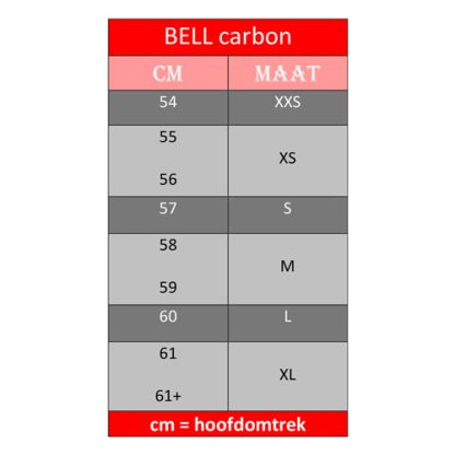 Tabela de tamanhos de capacete de carbono BELL